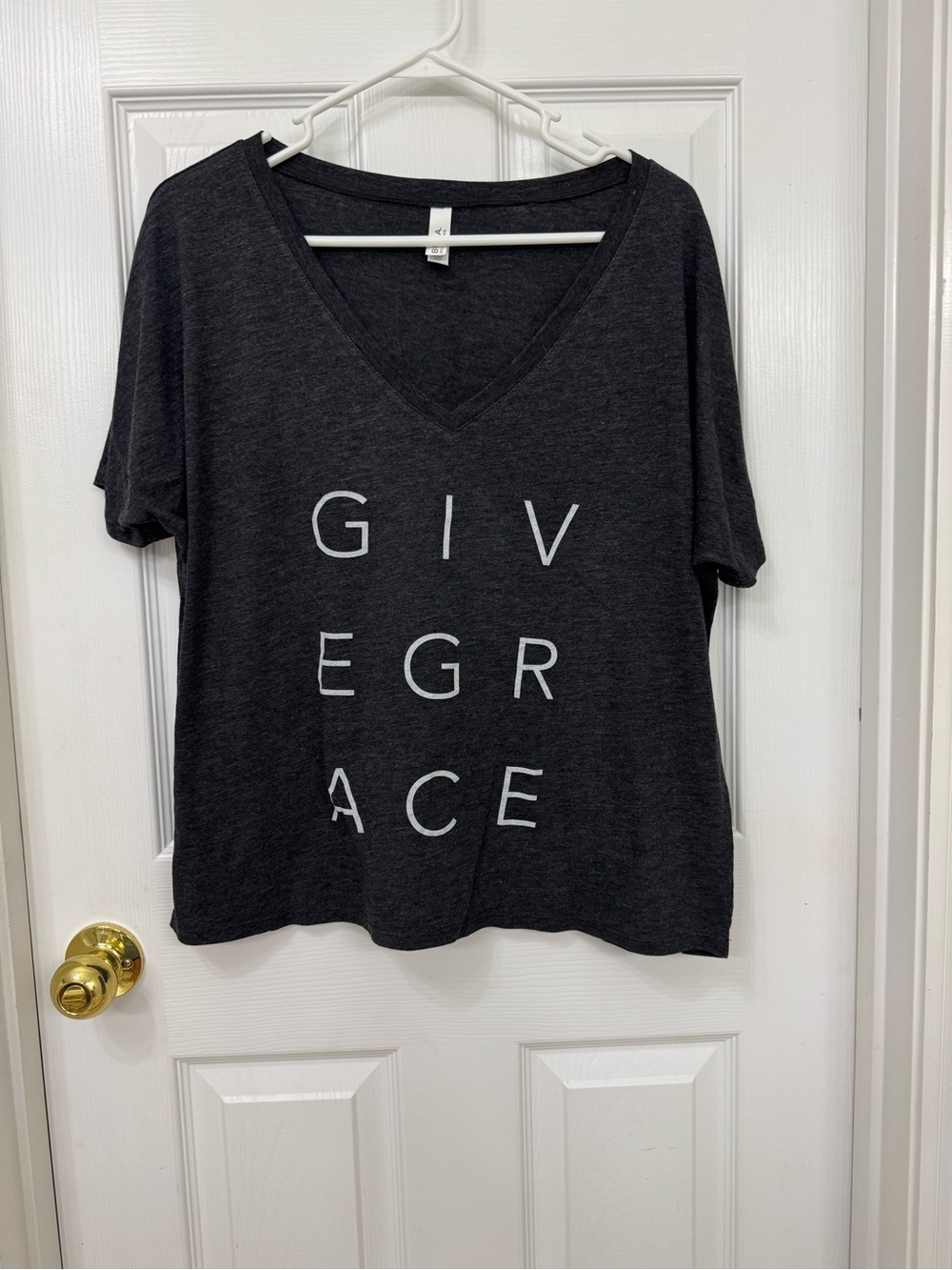 Abella Charcoal V-Neck Tee with White Vertical Text